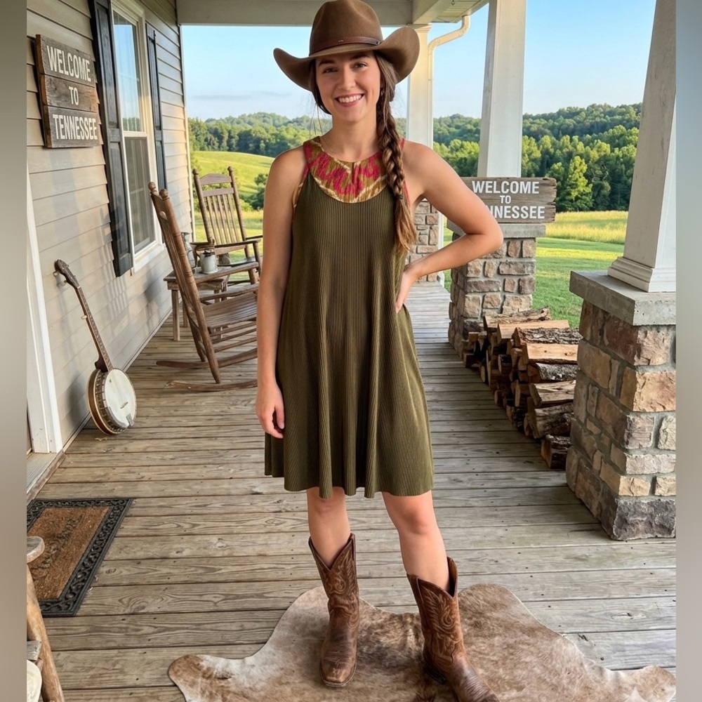 Stunning Tyra Olive Brown Pleated Swing Dress – Size Medium